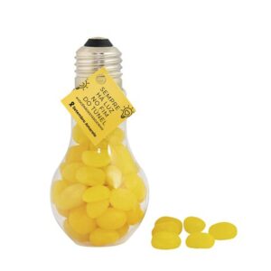 Frasco em formato de lâmpada personalizado como brinde corporativo para campanhas de Setembro Amarelo.