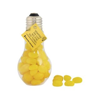 Frasco em formato de lâmpada personalizado como brinde corporativo para campanhas de Setembro Amarelo.